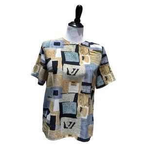 Retro Earthy Square Block Short Sleeve Blouse
